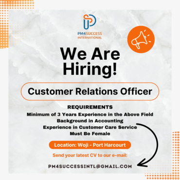 We are hiring - Customer Relations Officer.